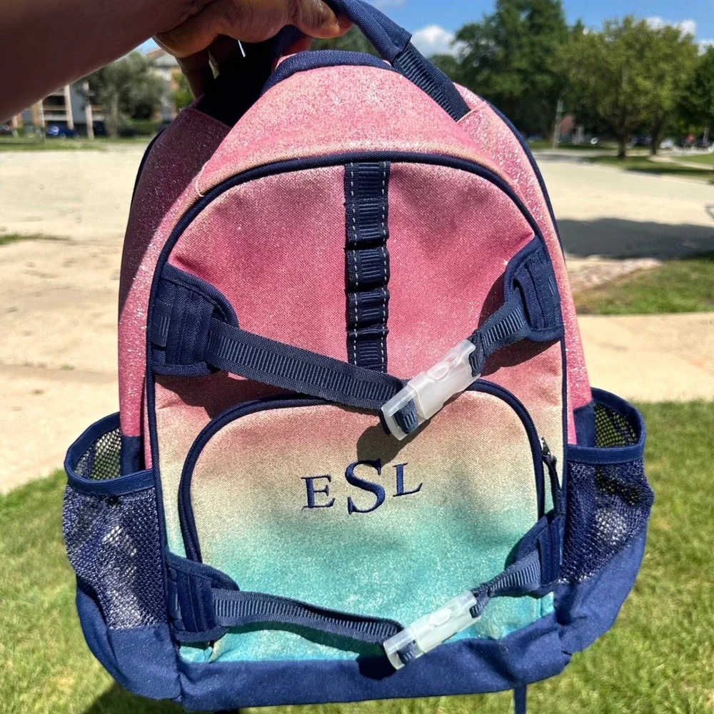 Pottery Barn Kids Mackenzie Ombre Glitter Backpack Pink Blue Navy Monogram ESL